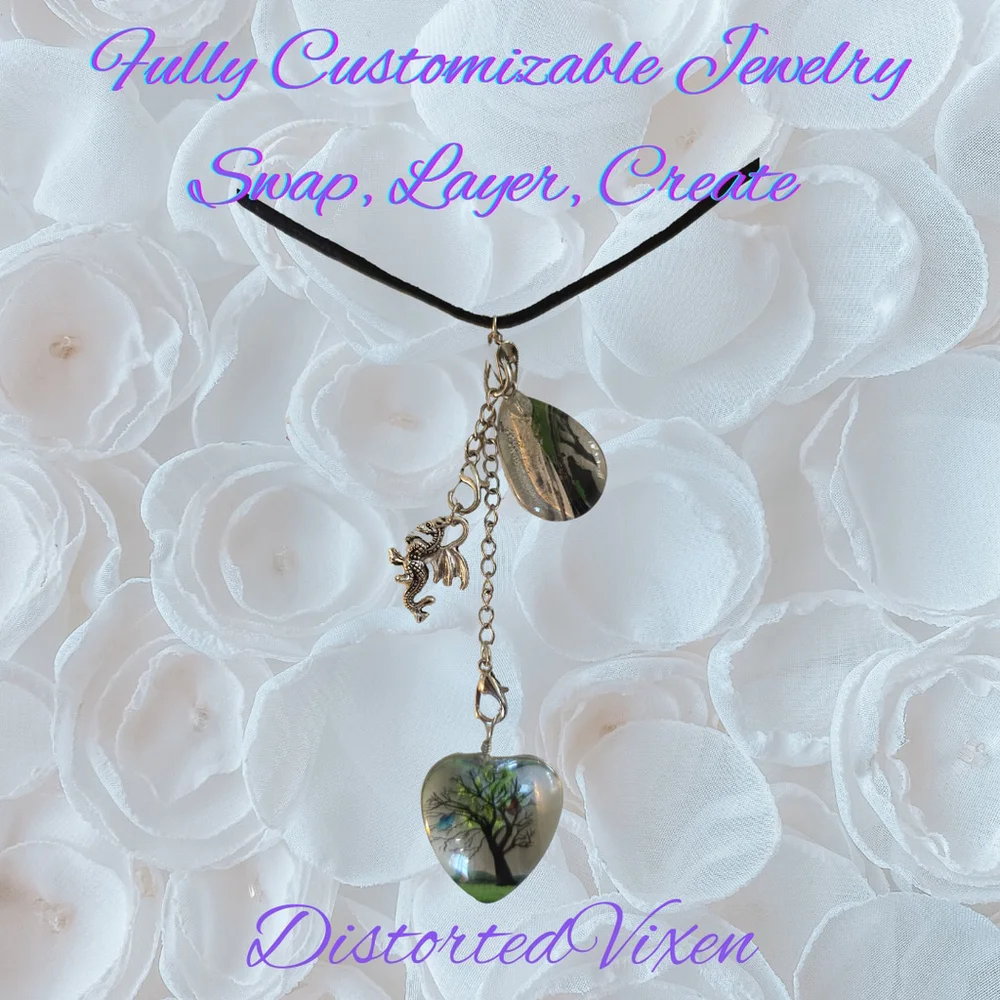 Tree of Life Dragon Necklace Resin Heart and Black Glass Teardrop Pendant